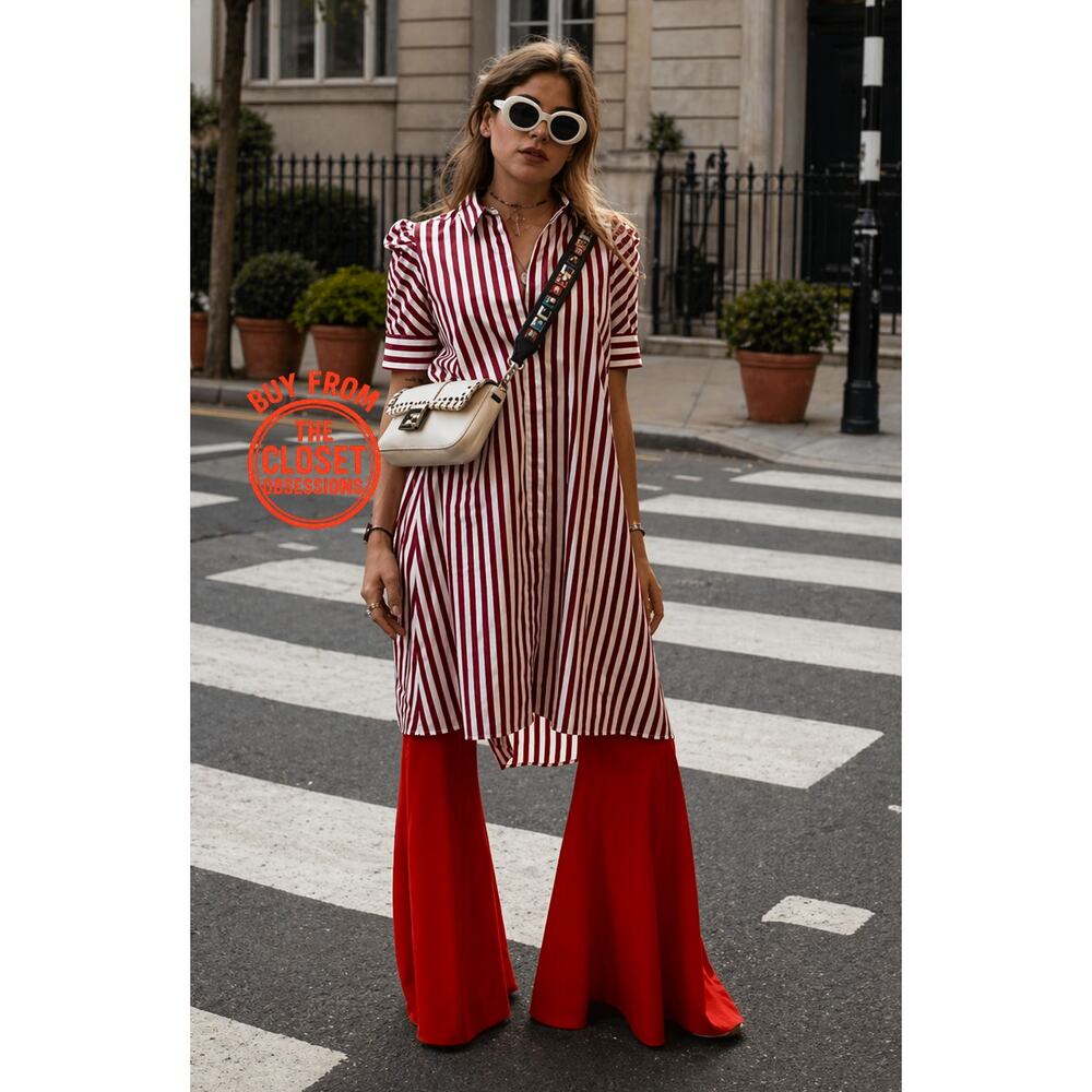 Zara Striped Shirt Dress Puff Sleeve Button Front Mini Dress L NWT